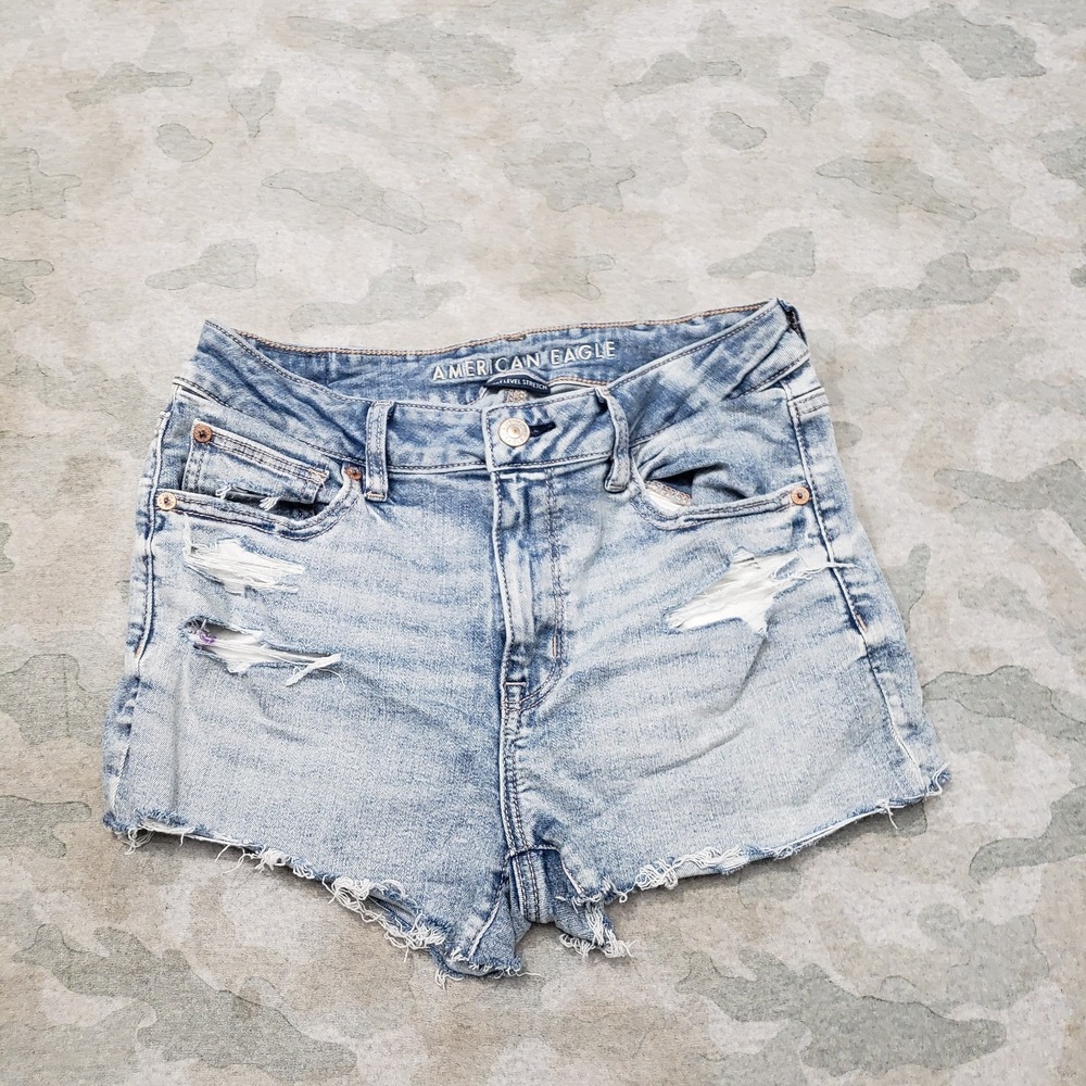 American Eagle Shorts Womens 4 Blue Pockets Denim Stretch Hi Rise Shorty